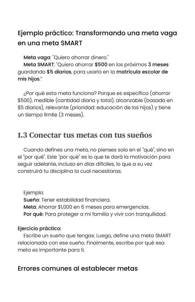 Página de ejemplo: cómo transformar una meta vaga en una meta SMART